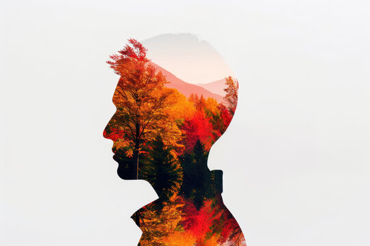 Double exposure portrait of a man and autumn forest.