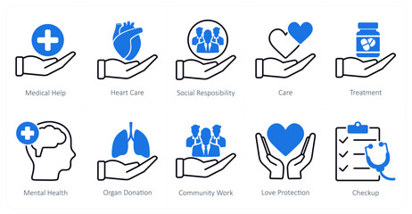 A set of 10 Mix icons as medical help, heart care, social responsibility