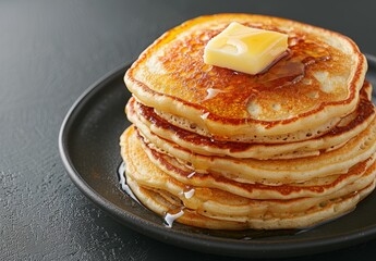 Delicious stack of golden pancakes with melted butter