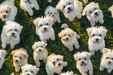 A heartwarming scene featuring a group of white puppies sitting on green grass, looking up with innocent expressions, capturing the joy and playfulness of young animals.