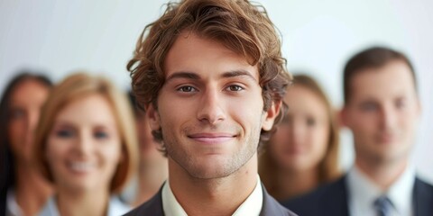 Smiling businessman in focus at the office, surrounded by colleagues, representing leadership and a positive work environment with an element of focus and approachability.