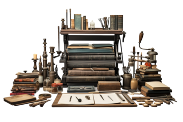 Antique Printing Press and Tools Ready for a Day of Craftsmanship. on a White or Clear Surface PNG Transparent Background.