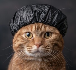 close-up portrait of a cat wearing a shower cap