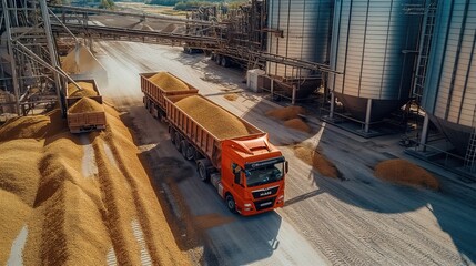 Aerial View of Grain Truck at Industrial Grain Processing Plant, Large Silo Storage Facility