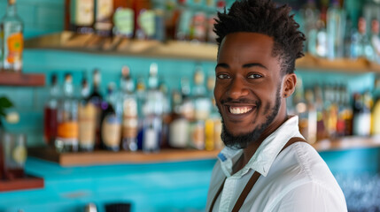 African American black bartender on beach resort smiling and looking at camera