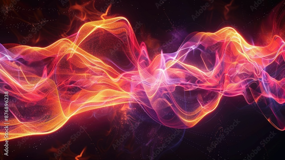 Poster mesmerizing colorful light waves intertwining against a dark cosmic background, representing dynamic
