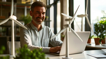 Smiling businessman working on laptop in an office with wind turbine models and plants, suggesting sustainability and renewable energy concepts.