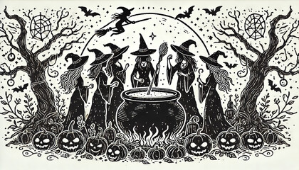 Naklejka premium Detailed illustration of a witches' gathering