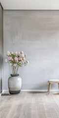 Minimalist living room interiors in neutral colors and minimal furniture. Residential Real Estate interiors design Japanese composition.