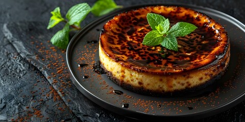 Overhead perspective of sophisticated Basque burnt cheesecake on a dark plate. Concept Food Photography, Basque Burnt Cheesecake, Dark Background, Overhead Perspective, Sophisticated Presentation