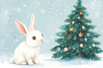 New Year illustration, greeting card template, cute hare near the Christmas tree, drawing, greetings and New Year celebrations concept