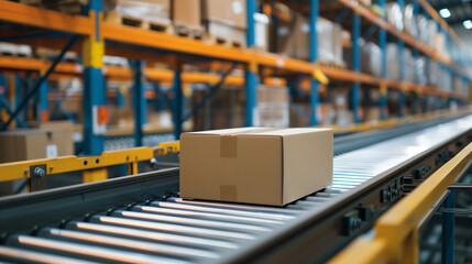 Empty mockup Cardboard box on conveyor belt in a factory warehouse ready to ship for delver