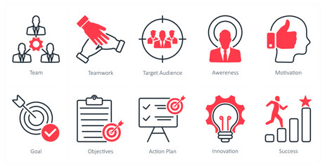 A set of 10 Mix icons as team, teamwork, target audience