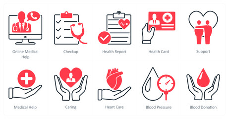 A set of 10 Mix icons as online medical help, checkup, health report