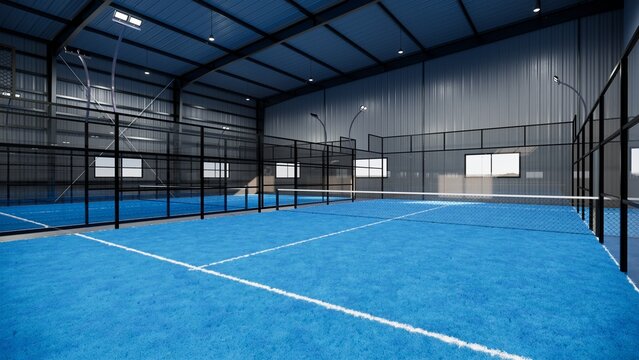 A blue padel tennis court with a blue net