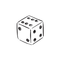 A single dice illustration, hand drawn sketch, gambling, Las Vegas, board game accessory, competitive game, numbers.