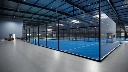 corner view of empty padel paddle tennis blue color court with glass structure