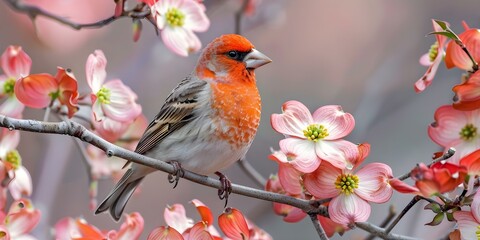Obraz premium A colorful finch chirps on a blooming dogwood branch in spring. Concept Nature, Birds, Spring, Blooming, Colors