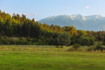Summer landscape sunset panorama of Pirin mountains peaks, Bulgaria