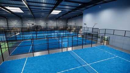 A blue padel tennis court with a blue net