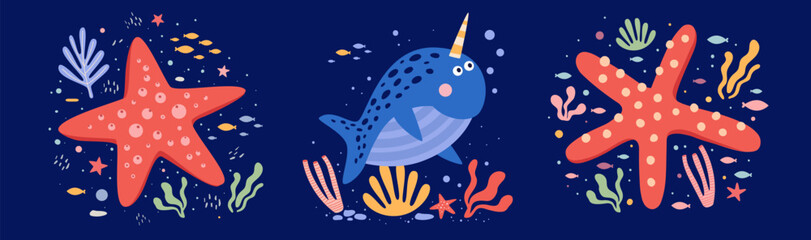 Set of cute marine animals in the ocean. Colorful narwhal, starfish and seaweed. Funny inhabitants of the underwater world. Children's vector illustration. © KOSIM
