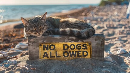 cat sleeping on a sign that says No Dogs Allowed