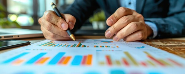 Business professional analyzing financial charts and graphs with a pen in hand, highlighting financial data on a desk.