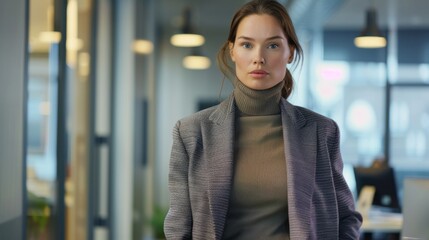 elegant 37 years old Swedish woman looking at camera, wearing turtleneck sweater under a tailored blazer
