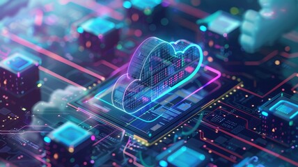 Futuristic depiction of cloud computing and digital infrastructure with glowing holographic elements on a circuit board.
