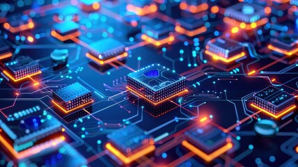 Obraz premium Futuristic digital circuit board with glowing microchips and electronic components, representing advanced technology and modern innovations.