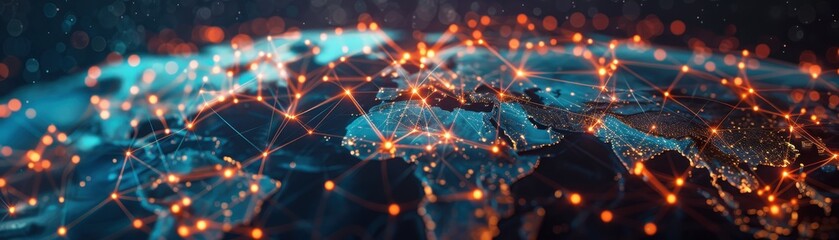 Obraz premium Global network connections: A stylized representation of interconnected technology and data points across the world, showcasing modern digital communications.