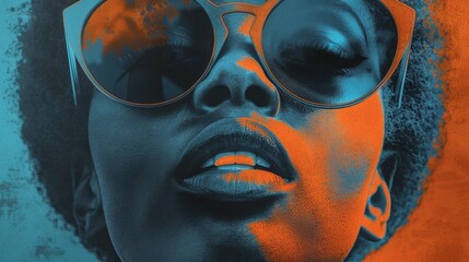 portrait of an African American woman with sunglasses, rendered in the style of vintage poster art
