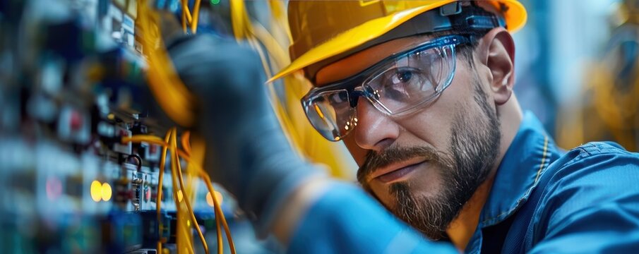 Focused electrician in safety gear working on industrial wiring for electrical maintenance and repair to ensure operational efficiency.