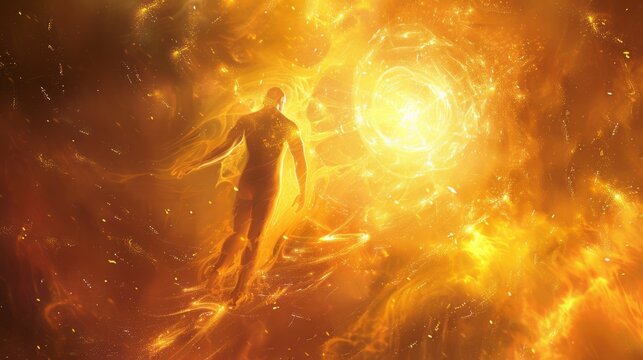 male lightworker on an ascending path to the cosmos, elevating himself and others on his path to connection with universal consciousness