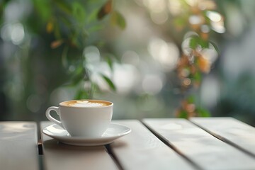 Morning Coffee Break on Wooden Table with Nature Background