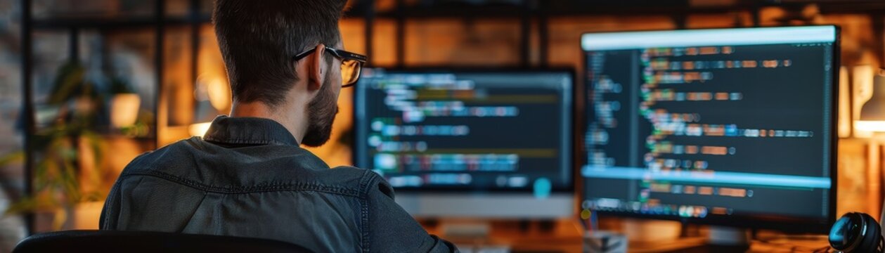 Software developer coding at his desk with multiple monitors in a modern workspace, focusing on programming and debugging code.