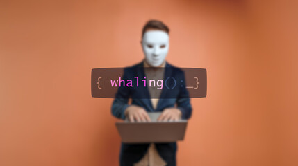 Cybersecurity concept whaling on foreground screen, hacker silhouette hidden with low poly style mask. Vulnerability and attack on colored code editor. Text in English, English text