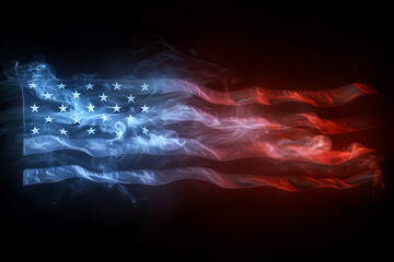 National flag of United States made from colored smoke isolated on black background. Abstract silky wave background