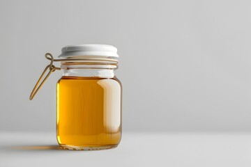 Closeup of a glass jar filled with golden,translucent honey on a wooden table