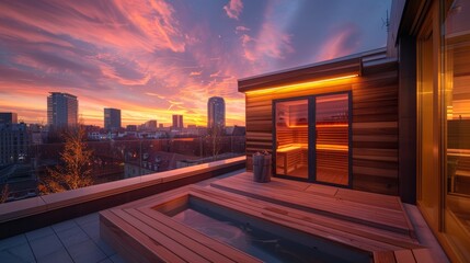 Modern Cozy Rooftop Wooden Sauna, Cityscape at Sunset. Relaxation and Wellness in an Urban Setting
