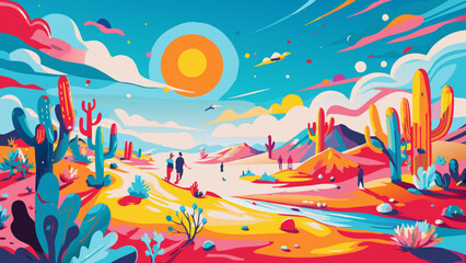 Vibrant Desert Landscape Illustration with Cacti and Sun