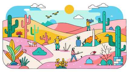 Fototapeta premium Vibrant Illustrated Desert Landscape with People and Cacti