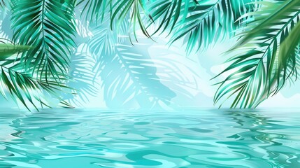 Fototapeta premium 3D rendering of palm leaves shadow on the water surface in a swimming pool with a light blue background