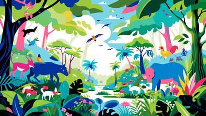 Vibrant Jungle Ecosystem with Diverse Wildlife Illustration