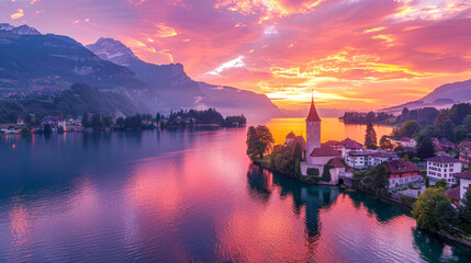 Fototapeta premium Aerial panoramic view of Church and Castle at sunset over Lake in Switzerland