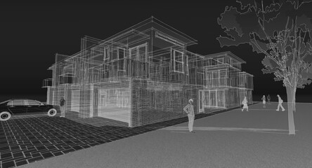 modern cottage town 3D illustration