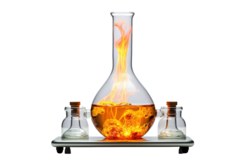 A Laboratory Experiment With A Fiery Orange Liquid And A Glass Flask On A Metal Stand. on a White or Clear Surface PNG Transparent Background.