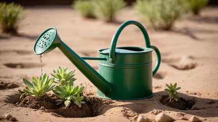Water shortage, drought in garden and climate change. Green watering can with few water drops, standing with plants in dried garden