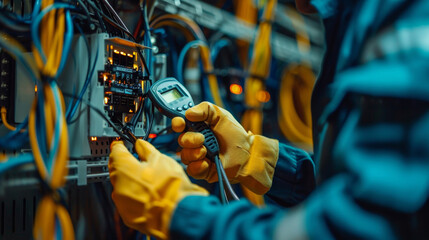 Electrician testing electrical components in a control panel for maintenance service