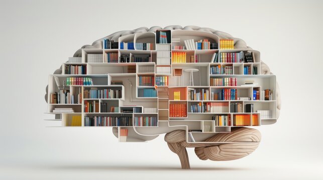 A highly detailed cross-section of the human brain showcasing its internal structure transformed into organized bookshelves with colorful books arranged neatly on the shelves photorealistic white